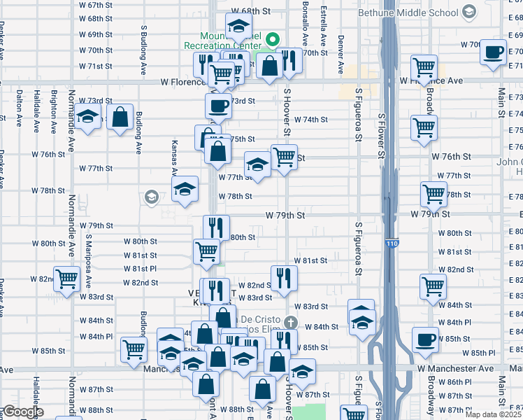 map of restaurants, bars, coffee shops, grocery stores, and more near 840 West 79th Street in Los Angeles