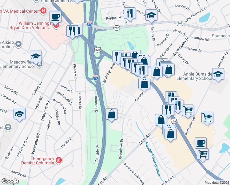 map of restaurants, bars, coffee shops, grocery stores, and more near 250 East Exchange Boulevard in Columbia