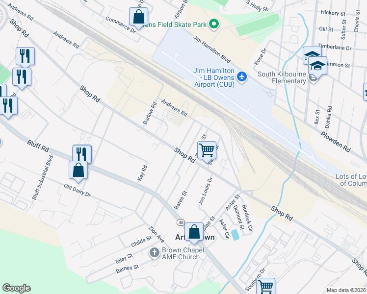 map of restaurants, bars, coffee shops, grocery stores, and more near 1707 Shop Road in Columbia