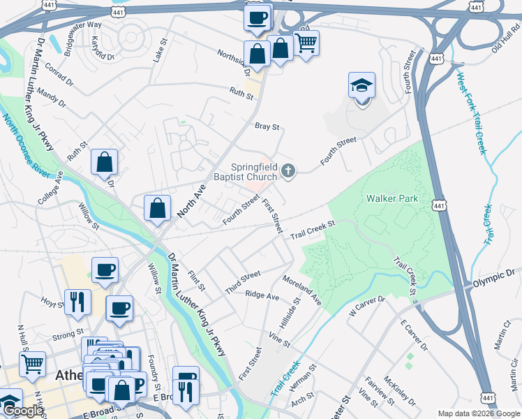 map of restaurants, bars, coffee shops, grocery stores, and more near 560 Odd Street in Athens
