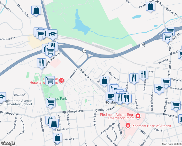 map of restaurants, bars, coffee shops, grocery stores, and more near 1684 Prince Avenue in Athens