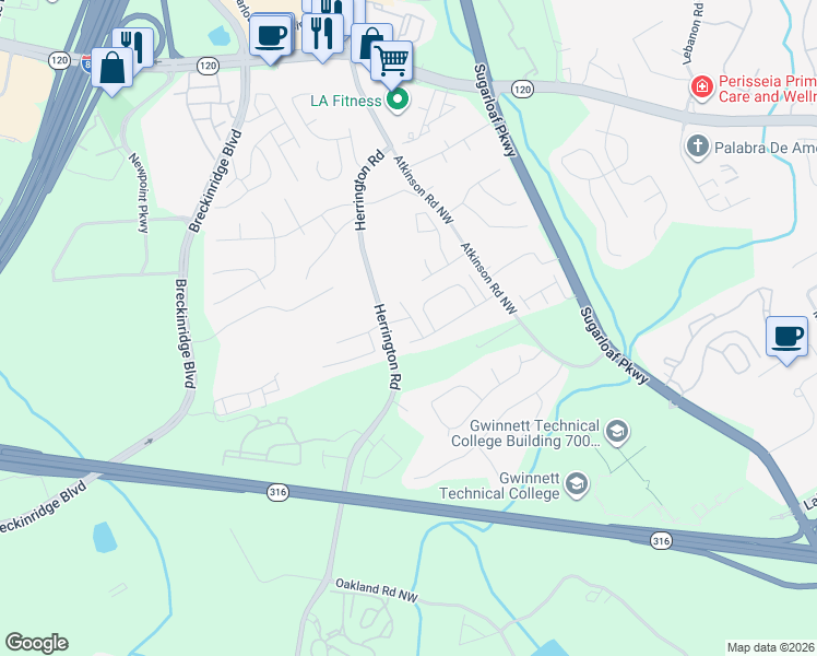 map of restaurants, bars, coffee shops, grocery stores, and more near 1638 Sentinel View Drive Northwest in Lawrenceville