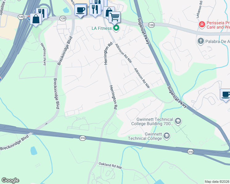 map of restaurants, bars, coffee shops, grocery stores, and more near 2127 Mission View Drive Northwest in Lawrenceville