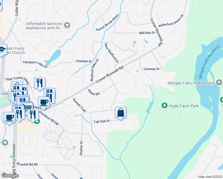 map of restaurants, bars, coffee shops, grocery stores, and more near 5242 Rebel Road in Marietta