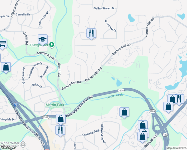 map of restaurants, bars, coffee shops, grocery stores, and more near 735 Barnes Mill Trace Northeast in Marietta