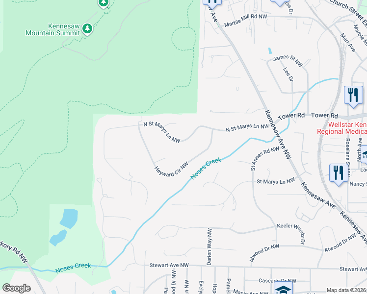 map of restaurants, bars, coffee shops, grocery stores, and more near 557 Heyward Circle Northwest in Marietta