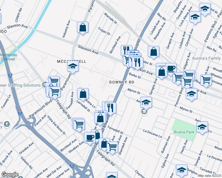 map of restaurants, bars, coffee shops, grocery stores, and more near 8101 Rosemead Boulevard in Pico Rivera