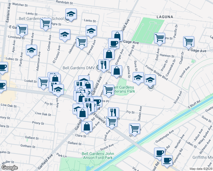 map of restaurants, bars, coffee shops, grocery stores, and more near 7010 Granger Avenue in Bell Gardens