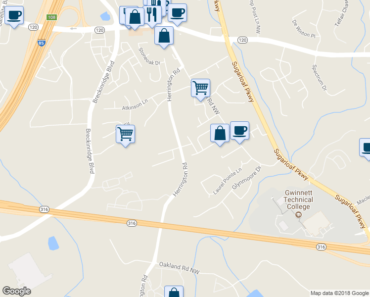 map of restaurants, bars, coffee shops, grocery stores, and more near 2127 Mission View Drive Northwest in Lawrenceville