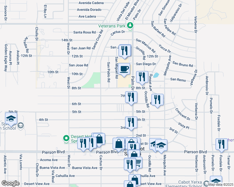 map of restaurants, bars, coffee shops, grocery stores, and more near 66362 7th Street in Desert Hot Springs