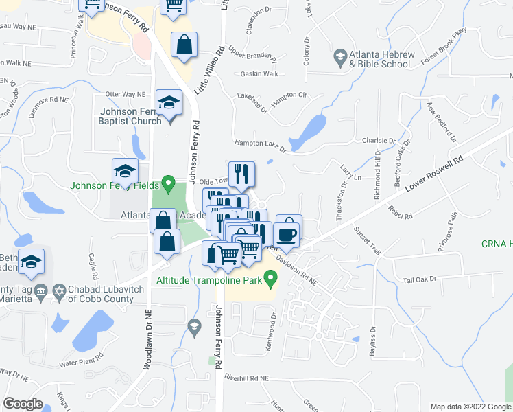 map of restaurants, bars, coffee shops, grocery stores, and more near 5000 Olde Towne Parkway in Marietta