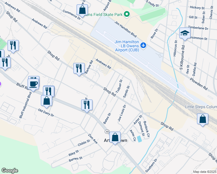 map of restaurants, bars, coffee shops, grocery stores, and more near 1707 Shop Road in Columbia