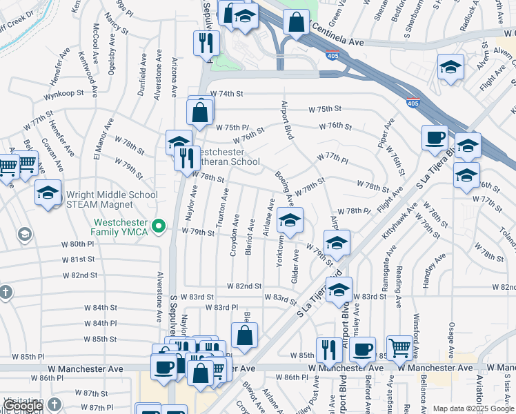 map of restaurants, bars, coffee shops, grocery stores, and more near 7832 Bleriot Avenue in Los Angeles