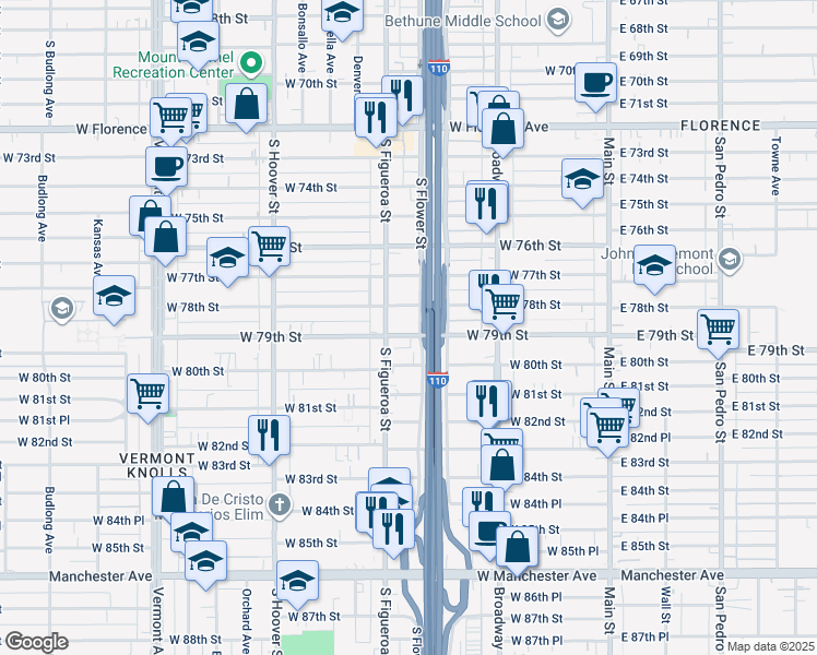 map of restaurants, bars, coffee shops, grocery stores, and more near 441 West 79th Street in Los Angeles