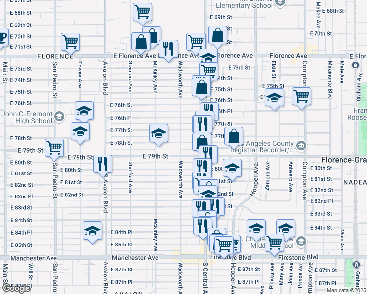 map of restaurants, bars, coffee shops, grocery stores, and more near 7820 Wadsworth Avenue in Los Angeles