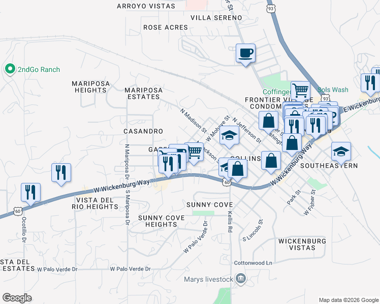 map of restaurants, bars, coffee shops, grocery stores, and more near 388 North Lincoln Street in Wickenburg