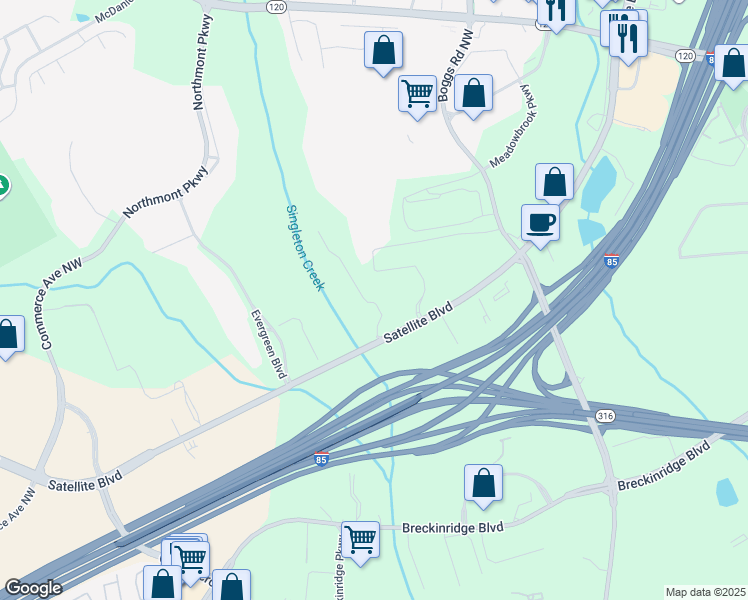 map of restaurants, bars, coffee shops, grocery stores, and more near 2789 Satellite Boulevard in Duluth