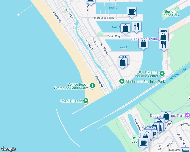 map of restaurants, bars, coffee shops, grocery stores, and more near 5107 Ocean Front Walk in Marina del Rey