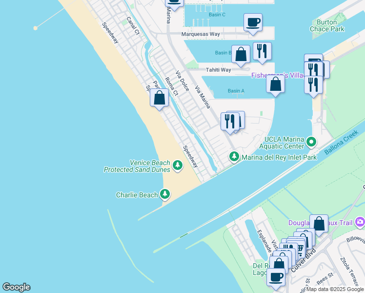 map of restaurants, bars, coffee shops, grocery stores, and more near 5107 Ocean Front Walk in Marina del Rey