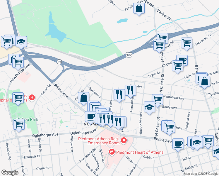map of restaurants, bars, coffee shops, grocery stores, and more near 493 Satula Avenue in Athens