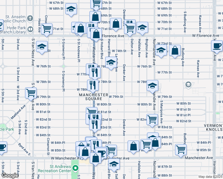 map of restaurants, bars, coffee shops, grocery stores, and more near 1651 West 79th Street in Los Angeles