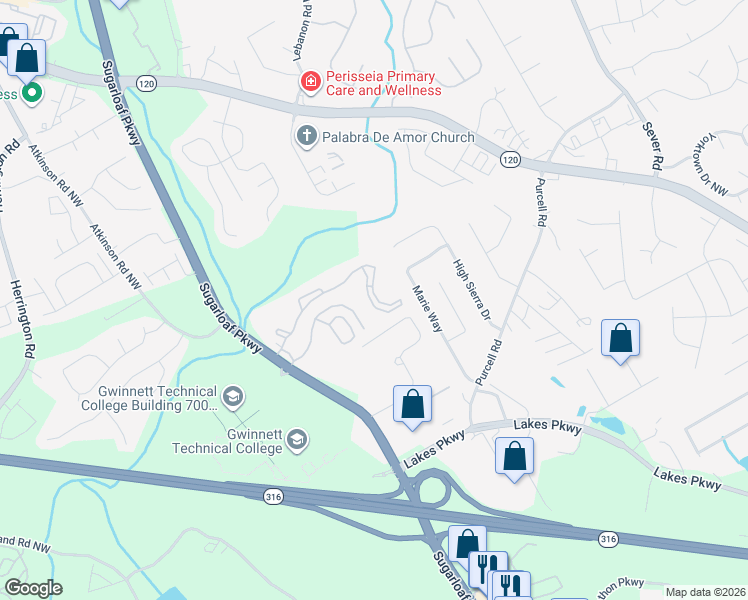 map of restaurants, bars, coffee shops, grocery stores, and more near 5375 Sugarloaf Parkway in Lawrenceville
