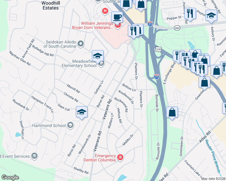 map of restaurants, bars, coffee shops, grocery stores, and more near 545 Rockwood Road in Columbia
