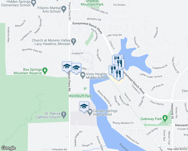 map of restaurants, bars, coffee shops, grocery stores, and more near Old Lake Drive in Moreno Valley