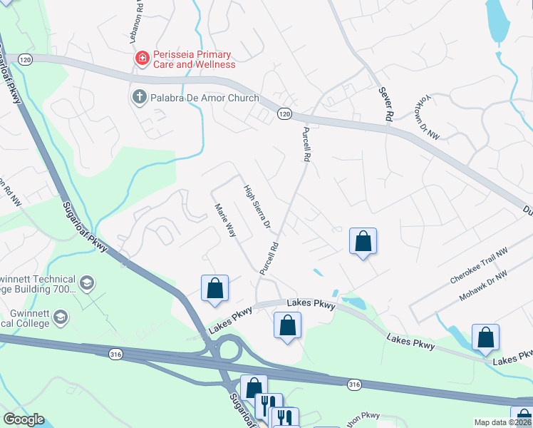map of restaurants, bars, coffee shops, grocery stores, and more near 1407 High Sierra Drive in Lawrenceville