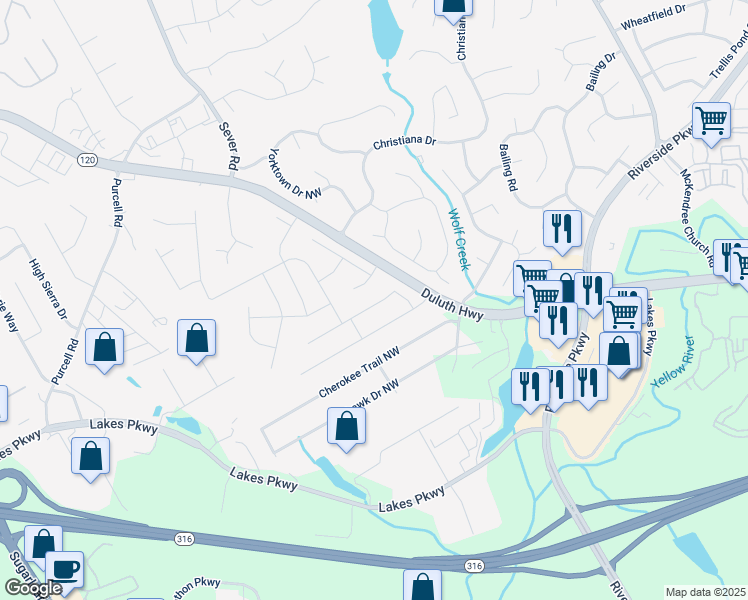 map of restaurants, bars, coffee shops, grocery stores, and more near 1255 Luther Way in Lawrenceville