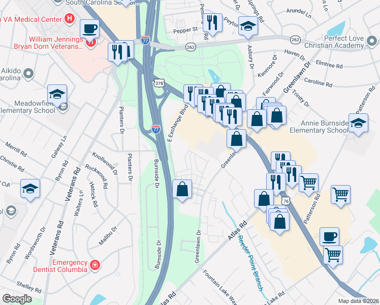 map of restaurants, bars, coffee shops, grocery stores, and more near 250 East Exchange Boulevard in Columbia