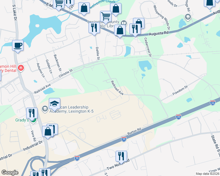 map of restaurants, bars, coffee shops, grocery stores, and more near 366 Railroad Avenue in Lexington