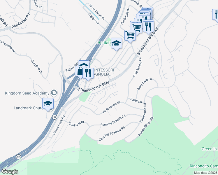 map of restaurants, bars, coffee shops, grocery stores, and more near 21075 Blossom Way in Diamond Bar