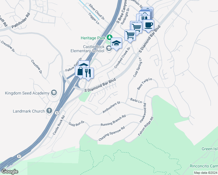 map of restaurants, bars, coffee shops, grocery stores, and more near 21075 Blossom Way in Diamond Bar