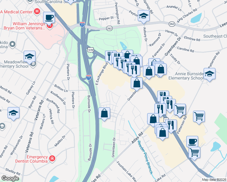 map of restaurants, bars, coffee shops, grocery stores, and more near 168 Top Forest Drive in Columbia