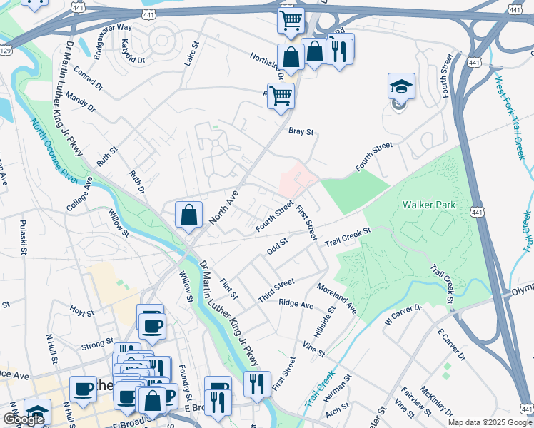 map of restaurants, bars, coffee shops, grocery stores, and more near 380 Fourth Street in Athens