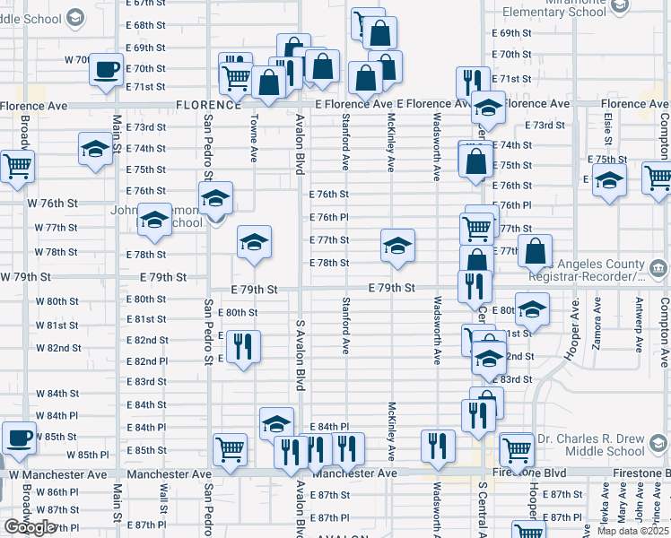 map of restaurants, bars, coffee shops, grocery stores, and more near 642 1/4 East 78th Street in Los Angeles