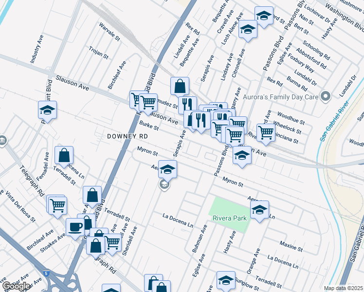 map of restaurants, bars, coffee shops, grocery stores, and more near 7914 Serapis Avenue in Pico Rivera