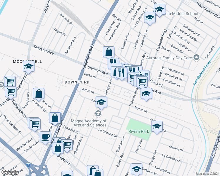 map of restaurants, bars, coffee shops, grocery stores, and more near 7922 Serapis Avenue in Pico Rivera