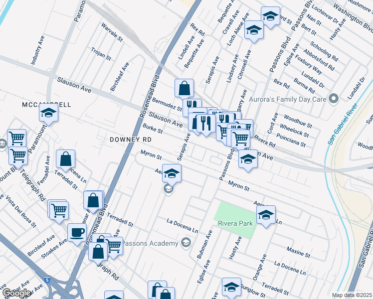 map of restaurants, bars, coffee shops, grocery stores, and more near 7922 Serapis Avenue in Pico Rivera