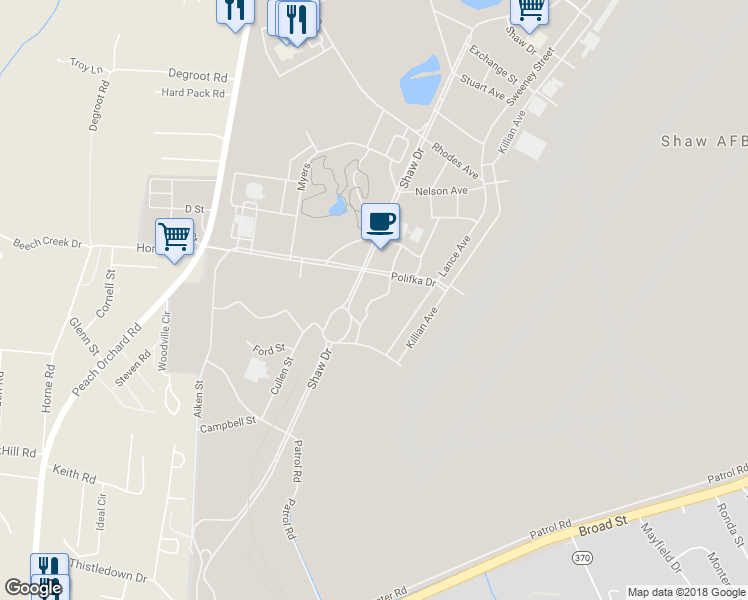 map of restaurants, bars, coffee shops, grocery stores, and more near Lowry Avenue in Shaw Air Force Base