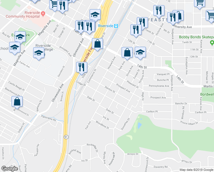 map of restaurants, bars, coffee shops, grocery stores, and more near 2943 Cridge Street in Riverside
