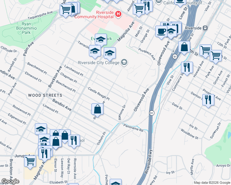 map of restaurants, bars, coffee shops, grocery stores, and more near 3565 Castle Reagh Place in Riverside
