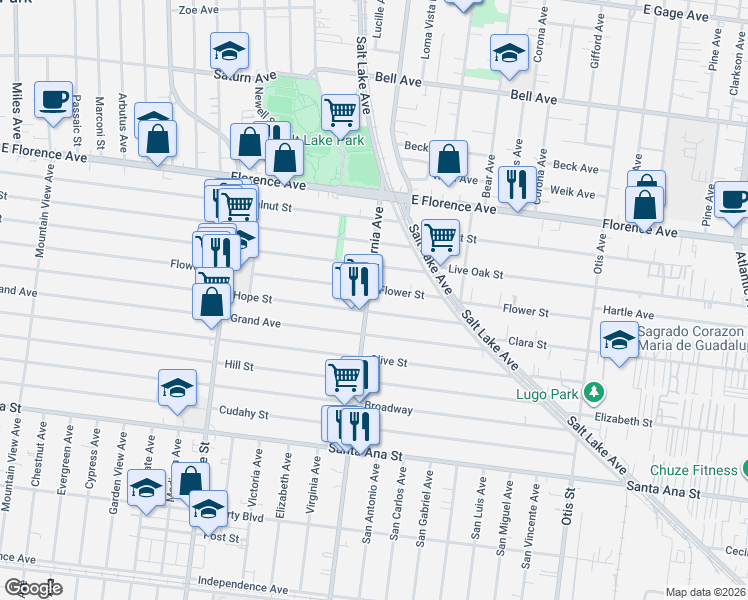 map of restaurants, bars, coffee shops, grocery stores, and more near 3528 Hope Street in Huntington Park