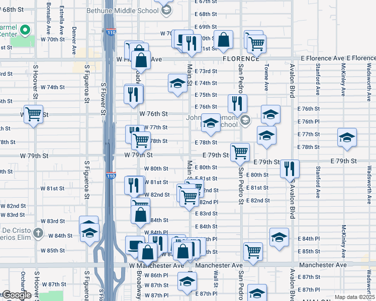map of restaurants, bars, coffee shops, grocery stores, and more near 7912 South Main Street in Los Angeles