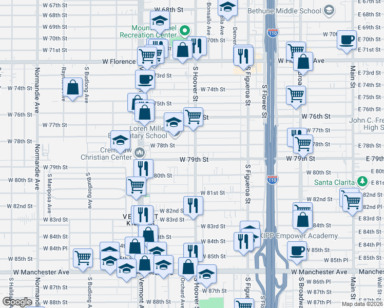 map of restaurants, bars, coffee shops, grocery stores, and more near 7908 South Hoover Street in Los Angeles