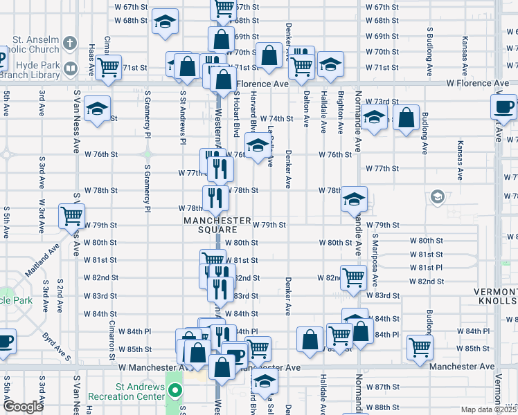 map of restaurants, bars, coffee shops, grocery stores, and more near 1651 West 79th Street in Los Angeles