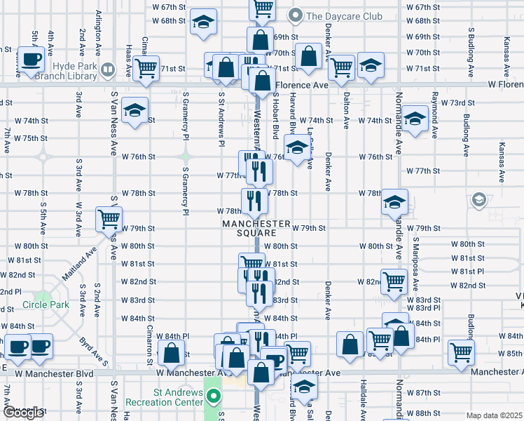 map of restaurants, bars, coffee shops, grocery stores, and more near 1733 West 79th Street in Los Angeles