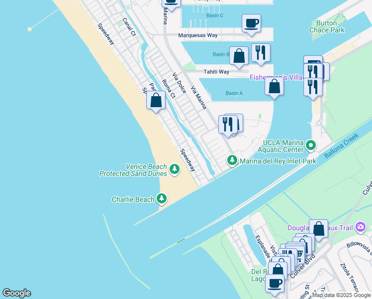 map of restaurants, bars, coffee shops, grocery stores, and more near 5205 Ocean Front Walk in Marina del Rey