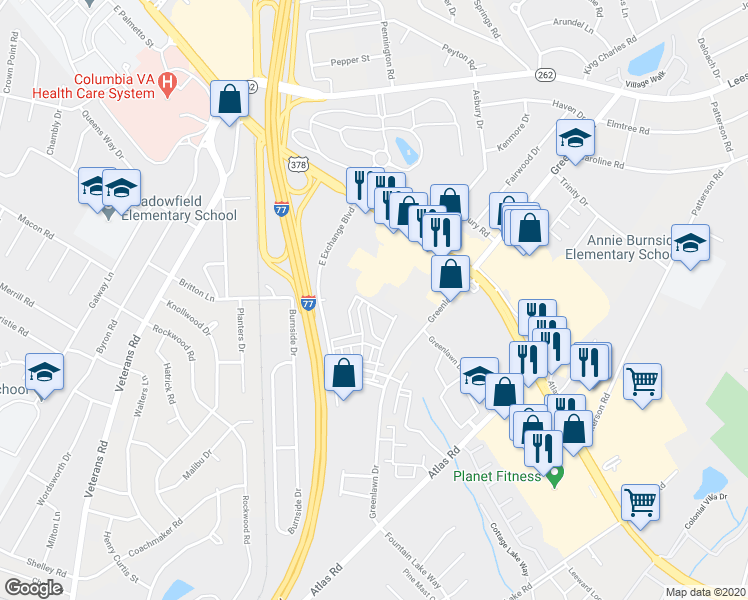 map of restaurants, bars, coffee shops, grocery stores, and more near 168 Top Forest Drive in Columbia